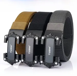 Detail of nylon belts with automatic zinc alloy buckles in khaki, black, and dark grey