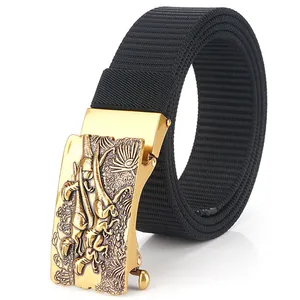 Men's black nylon belt with golden dinosaur relief automatic buckle and casual style