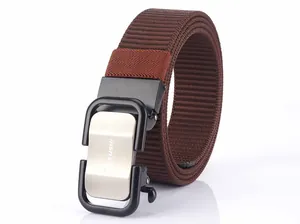Detail of dark brown nylon canvas belt with silver frosted automatic metal buckle
