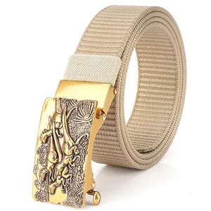 Khaki nylon men's belt featuring a golden alloy automatic buckle with dinosaur relief