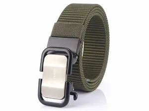 Detail of army green nylon tactical belt with black automatic buckle and metal logo