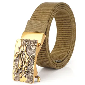 Khaki nylon woven belt with golden automatic metal buckle featuring dinosaur relief