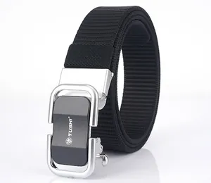 Close-up of black nylon canvas belt with silver automatic alloy buckle and TUSHI logo