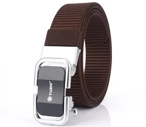 Detailed close-up of dark brown nylon canvas belt with silver automatic slide buckle
