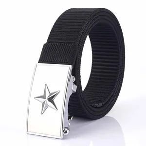 Tactical nylon web belt for men featuring a polished star buckle in silver finish
