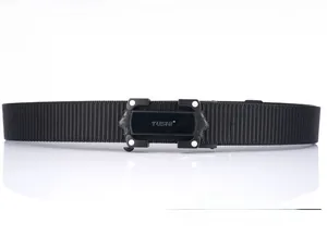 Close-up of quick-release tactical metal buckle on durable black nylon belt strap