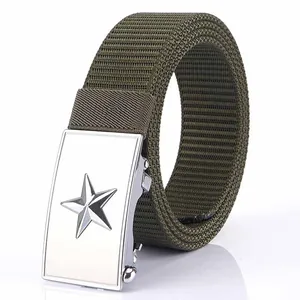 Tactical army green nylon belt with a silver star embossed metal automatic buckle
