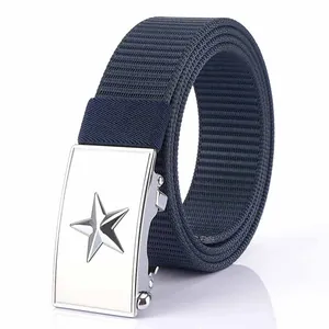 Tactical nylon belt in navy blue with silver star-embossed automatic buckle and woven texture