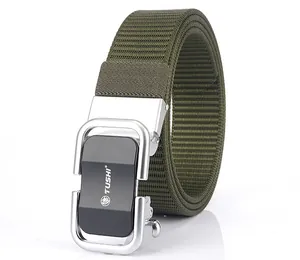 Macro detail of military green nylon tactical belt with alloy automatic buckle and logo