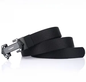 Close-up of durable black nylon tactical belt with quick-release metal buckle details