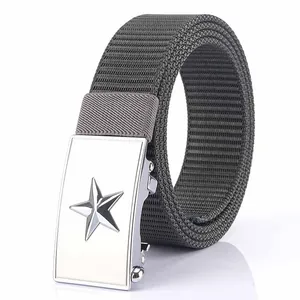 Tactical nylon belt with silver star buckle showing heavy duty woven texture on white background