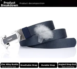 Detail of navy nylon tactical belt with zinc alloy automatic buckle and mesh texture