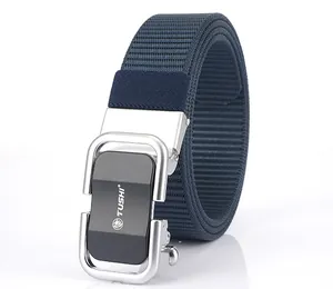 Detail of navy blue nylon woven tactical belt with matte alloy automatic buckle system