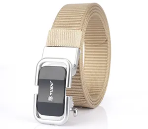 Detailed macro view of khaki tactical nylon belt with silver alloy automatic buckle design