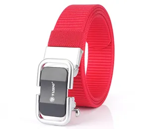 Detail of red nylon woven belt with silver automatic metal buckle and TUSHI logo