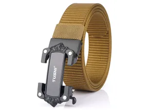 Detail of khaki nylon tactical belt with black metal buckle and embossed mountain pattern
