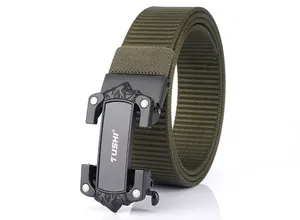 Olive green tactical nylon belt with a black alloy mechanical buckle and TUSHI logo
