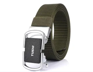 Detailed view of military green woven nylon belt with silver metal automatic buckle