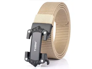 Close-up of khaki nylon tactical belt featuring black metal buckle and Tushi brand logo