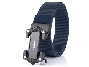 Detail of navy blue nylon tactical belt with matte black TUSHI automatic metal buckle