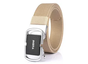 Detail of khaki nylon woven belt with a silver automatic buckle and TUSHI logo