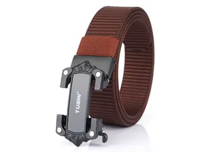 Detailed macro view of dark brown nylon tactical belt with black metal buckle and logo