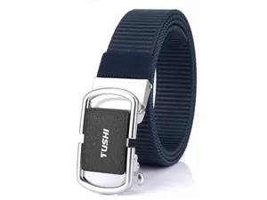 Detailed view of the 3.5cm navy nylon woven belt featuring a matte black automatic buckle
