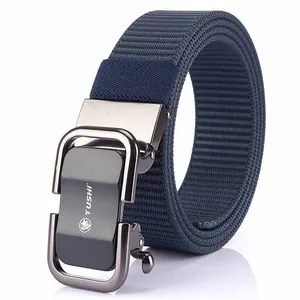 Men's navy nylon web belt with dark grey alloy automatic buckle and wolf head logo