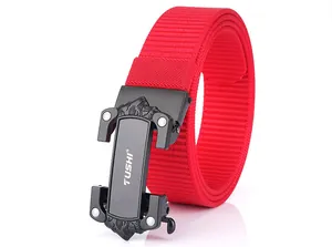 Close-up of red nylon tactical belt with a black metal quick-release buckle and TUSHI logo