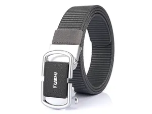 Close-up of gray nylon tactical belt with silver automatic buckle and TUSHI logo