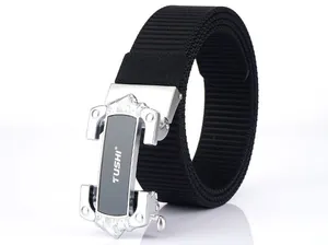 Close-up of a black nylon belt featuring a silver automatic buckle with a textured strap