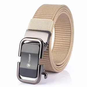 Men's outdoor nylon woven belt with automatic metal buckle in khaki casual style