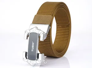 Detail of durable brown nylon tactical belt with silver automatic metal buckle