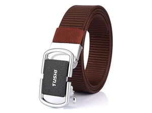 Detail of a men's 3.5cm nylon web belt with silver metal automatic buckle and TUSHI logo