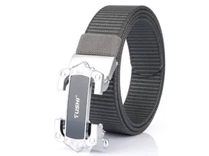Detail shot of charcoal gray nylon woven belt with silver TUSHI brand buckle