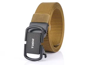 Detail shot of wolf brown nylon tactical belt with a black matte automatic buckle