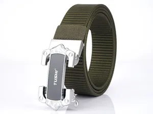 Close-up of military green tactical nylon belt with silver TUSHI metal buckle