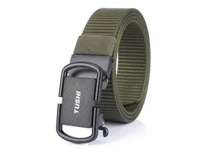 Close-up of olive green tactical nylon belt with black automatic buckle and TUSHI logo