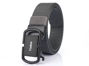 Detailed macro view of gray nylon tactical belt with a black matte automatic metal buckle