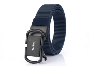 Close-up of matte black zinc alloy automatic buckle with navy blue nylon woven strap belt