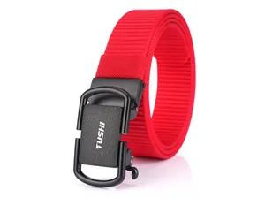 Detail of red nylon woven belt with black matte automatic buckle and TUSHI logo