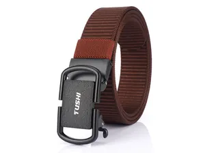 Close-up of a 3.5cm dark brown woven nylon belt with a black matte automatic buckle