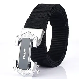 Men's tactical black nylon belt with a premium automatic silver metal buckle