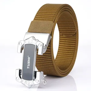 Men's tan nylon tactical belt with polished silver automatic buckle and high-density weave