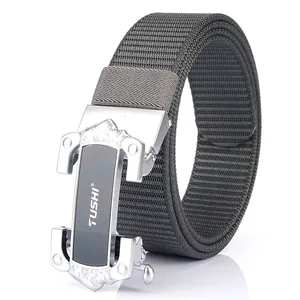 Men's nylon canvas belt with silver automatic metal buckle on a white background