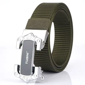 Army green nylon tactical belt with metal buckle for men on a white background