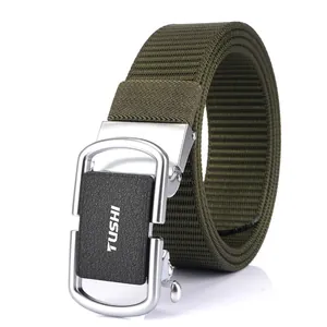 Army green nylon tactical belt with automatic alloy buckle and white TUSHI logo