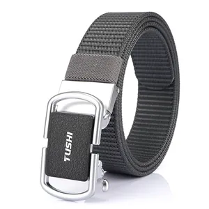 Men's 3.5cm dark gray nylon tactical belt with a silver automatic buckle for casual wear