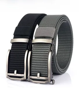 Detail of black and grey woven nylon belts with matte grey automatic buckles