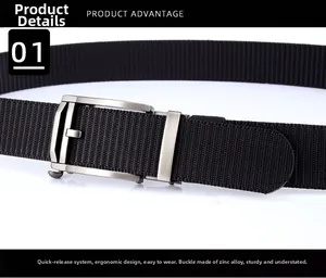 Detailed macro of zinc alloy automatic buckle and black woven nylon tactical belt
